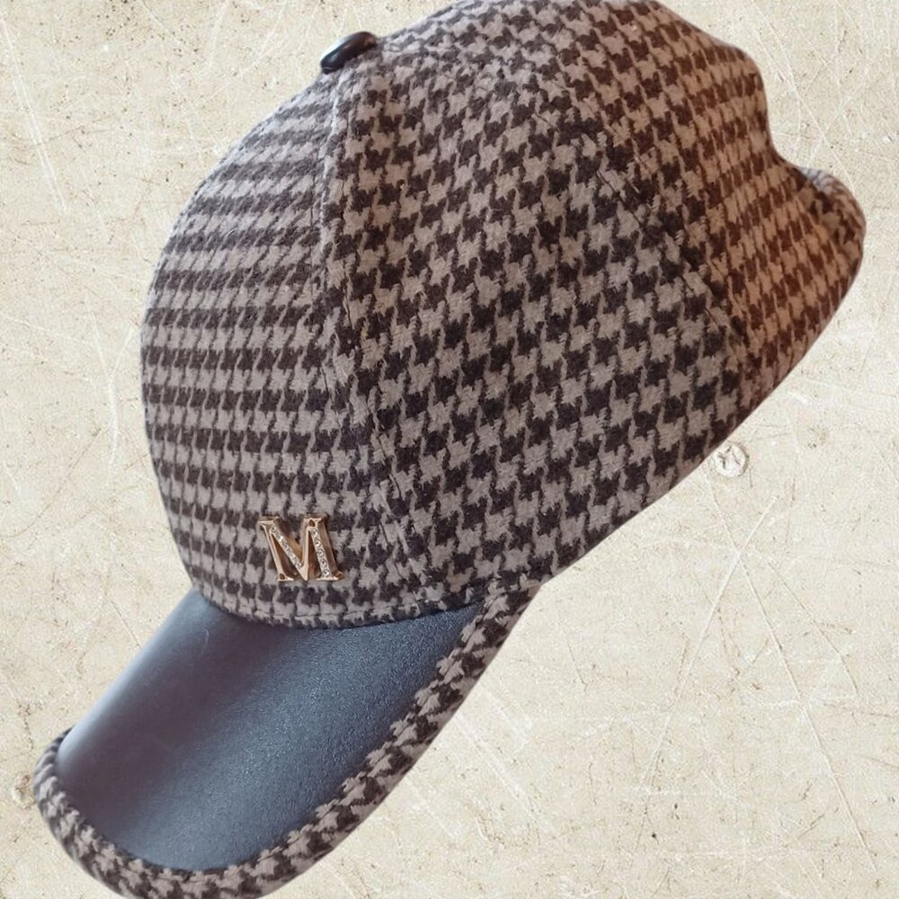 Houndstooth Baseball Cap, Brown, Initial M decoration bling